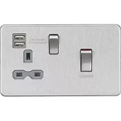 Knightsbridge SFR83UMBCG 45 & 13A 1-Gang DP Cooker Switch & 13A DP Switched Socket + 2.4A 2-Outlet Type A USB Charger Brushed Chrome with Colour-Matched Inserts