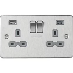 Knightsbridge FPR9224BCG 13A 2-Gang SP Switched Socket + 2.4A 2-Outlet Type A USB Charger Brushed Chrome with Colour-Matched Inserts