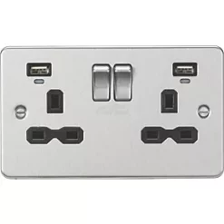 Knightsbridge FPR9904NBC 13A 2-Gang SP Switched Socket + 2.4A 2-Outlet Type A USB Charger Brushed Chrome with Black Inserts
