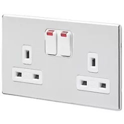 MK Aspect 13A 2-Gang DP Switched Plug Socket Polished Chrome with Neon with White Inserts