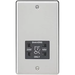 Knightsbridge CL89BC 2-Gang Dual Voltage Shaver Socket 115 V / 230V Brushed Chrome with Black Inserts