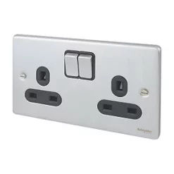 Schneider Electric Ultimate Low Profile 13A 2-Gang SP Switched Plug Socket Brushed Chrome with Black Inserts