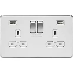 Knightsbridge SFR9224PCW 13A 2-Gang SP Switched Socket + 2.4A 2-Outlet Type A USB Charger Polished Chrome with White Inserts