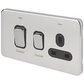 Schneider Electric Lisse Deco 45A 2-Gang DP Cooker Switch & 13A DP Switched Socket Polished Chrome with LED with Black Inserts 3 Schneider Electric Lisse Deco 45A 2-Gang DP Cooker Switch & 13A DP Switched Socket Polished Chrome with LED with Black Inserts