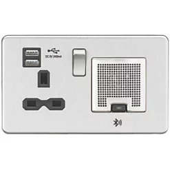 Knightsbridge SFR9905BC 13A 1-Gang SP Switched Socket + 2.4A 2-Outlet Type A USB Charger Brushed Chrome with Black Inserts