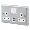 MK Albany Plus 13A 2-Gang DP Switched Socket + 2A 2-Outlet Type A USB Charger Brushed Chrome with White Inserts -Chrome Switches & Sockets Sales 460HX P