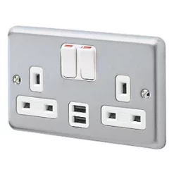 MK Albany Plus 13A 2-Gang DP Switched Socket + 2A 2-Outlet Type A USB Charger Brushed Chrome with White Inserts