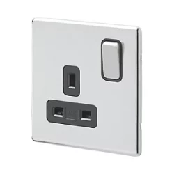 MK Aspect 13A 1-Gang DP Switched Plug Socket Polished Chrome with Black Inserts