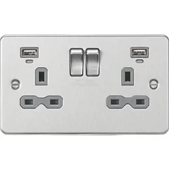 Knightsbridge FPR9904NBCG 13A 2-Gang SP Switched Socket + 2.4A 2-Outlet Type A USB Charger Brushed Chrome with Colour-Matched Inserts