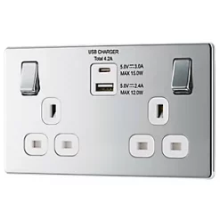 LAP 13A 2-Gang DP Switched Socket + 4.2A 2-Outlet Type A & C USB Charger Polished Chrome with White Inserts