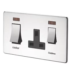 Crabtree Platinum 45 A & 13A 2-Gang DP Cooker Switch & 13A DP Switched Socket Polished Chrome with Neon with Black Inserts