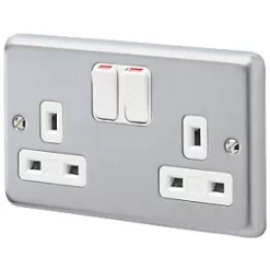 MK Albany Plus 13A 2-Gang DP Switched Plug Socket Brushed Chrome with White Inserts