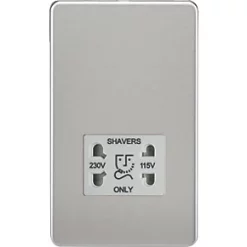 Knightsbridge SF8900BCG 2-Gang Dual Voltage Shaver Socket 115 V / 230V Brushed Chrome with Colour-Matched Inserts