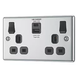 LAP 13A 2-Gang SP Switched Socket + 4.2A 2-Outlet Type A & C USB Charger Polished Chrome with Black Inserts