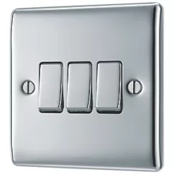 British General Nexus Metal 10AX 3-Gang 2-Way Light Switch Polished Chrome