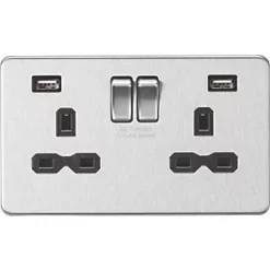 Knightsbridge SFR9224BC 13A 2-Gang SP Switched Socket + 2.4A 2-Outlet Type A USB Charger Brushed Chrome with Black Inserts