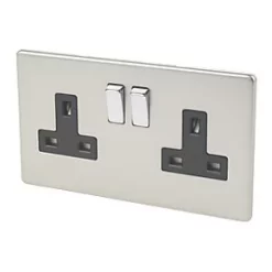 Varilight 13AX 2-Gang DP Switched Plug Socket Satin Chrome with Black Inserts
