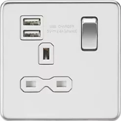 Knightsbridge SFR9124PCW 13A 1-Gang SP Switched Socket + 2.1A 2-Outlet Type A USB Charger Polished Chrome with White Inserts