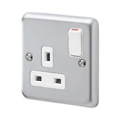 MK Albany Plus 13A 1-Gang DP Switched Plug Socket Brushed Chrome with White Inserts