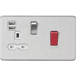 Knightsbridge SFR8333UBCW 45 & 13A 1-Gang DP Cooker Switch & 13A DP Switched Socket + 2.4A 2-Outlet Type A USB Charger Brushed Chrome with White Inserts