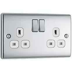 British General Nexus Metal 13A 2-Gang DP Switched Plug Socket Polished Chrome with White Inserts -Chrome Switches & Sockets Sales 547FT A2