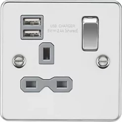 Knightsbridge FPR9124PCG 13A 1-Gang SP Switched Socket + 2.1A 2-Outlet Type A USB Charger Polished Chrome with Colour-Matched Inserts