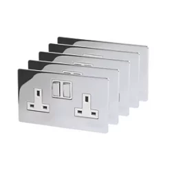 LAP 13A 2-Gang DP Switched Plug Socket Polished Chrome with White Inserts 5 Pack