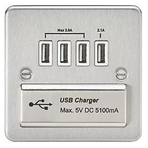 Knightsbridge FPQUADBCW 5.1A 4-Outlet Type A USB Socket Brushed Chrome with White Inserts 3 Knightsbridge FPQUADBCW 5.1A 4-Outlet Type A USB Socket Brushed Chrome with White Inserts