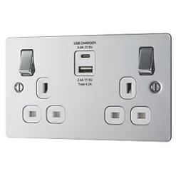 LAP 13A 2-Gang SP Switched Socket + 4.2A 2-Outlet Type A & C USB Charger Polished Chrome with White Inserts