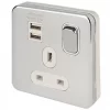 Schneider Electric Lisse Deco 13A 1-Gang SP Switched Socket + 2.1A 2-Outlet Type A USB Charger Polished Chrome with White Inserts -Chrome Switches & Sockets Sales 576FF P