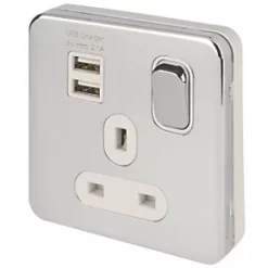 Schneider Electric Lisse Deco 13A 1-Gang SP Switched Socket + 2.1A 2-Outlet Type A USB Charger Polished Chrome with White Inserts