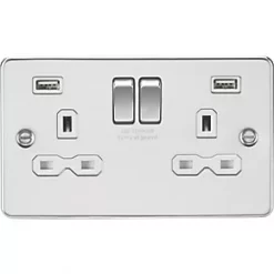 Knightsbridge FPR9224PCW 13A 2-Gang SP Switched Socket + 2.4A 2-Outlet Type A USB Charger Polished Chrome with White Inserts