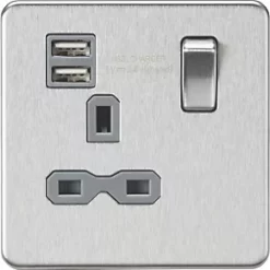 Knightsbridge SFR9124BCG 13A 1-Gang SP Switched Socket + 2.4A 2-Outlet Type A USB Charger Brushed Chrome with Colour-Matched Inserts