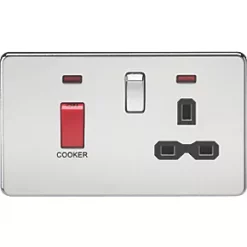 Knightsbridge SFR8333NPC 45 & 13A 2-Gang DP Cooker Switch & 13A DP Switched Socket Polished Chrome with LED with Black Inserts