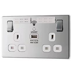 LAP 13A 2-Gang SP Switched Wi-Fi Extender Socket + 2.1A 1-Outlet Type A USB Charger Polished Chrome with White Inserts