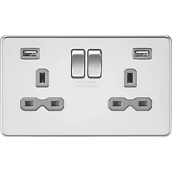 Knightsbridge SFR9224PCG 13A 2-Gang SP Switched Socket + 2.4A 2-Outlet Type A USB Charger Polished Chrome with Colour-Matched Inserts
