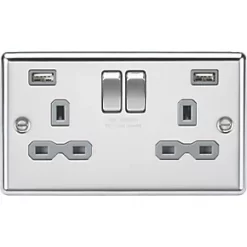 Knightsbridge CL9224PCG 13A 2-Gang SP Switched Socket + 2.4A 2-Outlet Type A USB Charger Polished Chrome with Colour-Matched Inserts