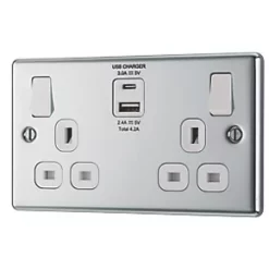 LAP 13A 2-Gang SP Switched Socket + 4.2A 2-Outlet Type A & C USB Charger Polished Chrome with White Inserts