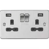 Knightsbridge FPR9224BC 13A 2-Gang SP Switched Socket + 2.4A 2-Outlet Type A USB Charger Brushed Chrome with Black Inserts