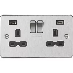 Knightsbridge FPR9224BC 13A 2-Gang SP Switched Socket + 2.4A 2-Outlet Type A USB Charger Brushed Chrome with Black Inserts