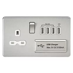 Knightsbridge SFR7USB4BCW 13A 1-Gang SP Switched Socket + 5.1A 4-Outlet Type A USB Charger Brushed Chrome with White Inserts