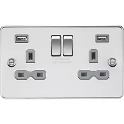 Knightsbridge FPR9224PCG 13A 2-Gang SP Switched Socket + 2.4A 2-Outlet Type A USB Charger Polished Chrome with Colour-Matched Inserts