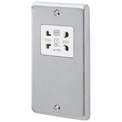 MK Albany Plus 2-Gang Dual Voltage Shaver Socket 115 / 230V Brushed Chrome with White Inserts