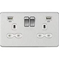 Knightsbridge SFR9904NBCW 13A 2-Gang SP Switched Socket + 2.4A 2-Outlet Type A USB Charger Brushed Chrome with White Inserts