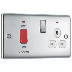 British General Nexus Metal 45A 2-Gang DP Cooker Switch & 13A DP Switched Socket Polished Chrome with LED with White Inserts -Chrome Switches & Sockets Sales 661FT A2