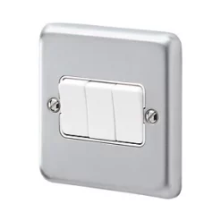MK Albany Plus 10AX 3-Gang 2-Way Switch Brushed Chrome with White Inserts