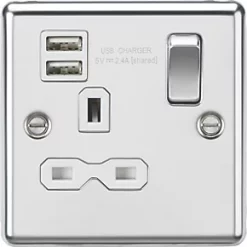 Knightsbridge CL9124PCW 13A 1-Gang SP Switched Socket + 2.1A 2-Outlet Type A USB Charger Polished Chrome with White Inserts