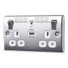 British General Nexus Metal 13A 2-Gang SP Switched Wi-Fi Extender Socket + 2.1A 1-Outlet Type A USB Charger Polished Chrome with White Inserts