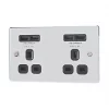 LAP 13A 2-Gang Unswitched Socket + 4.2A 4-Outlet Type A USB Charger Polished Chrome with Black Inserts -Chrome Switches & Sockets Sales 6812T P