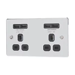 LAP 13A 2-Gang Unswitched Socket + 4.2A 4-Outlet Type A USB Charger Polished Chrome with Black Inserts